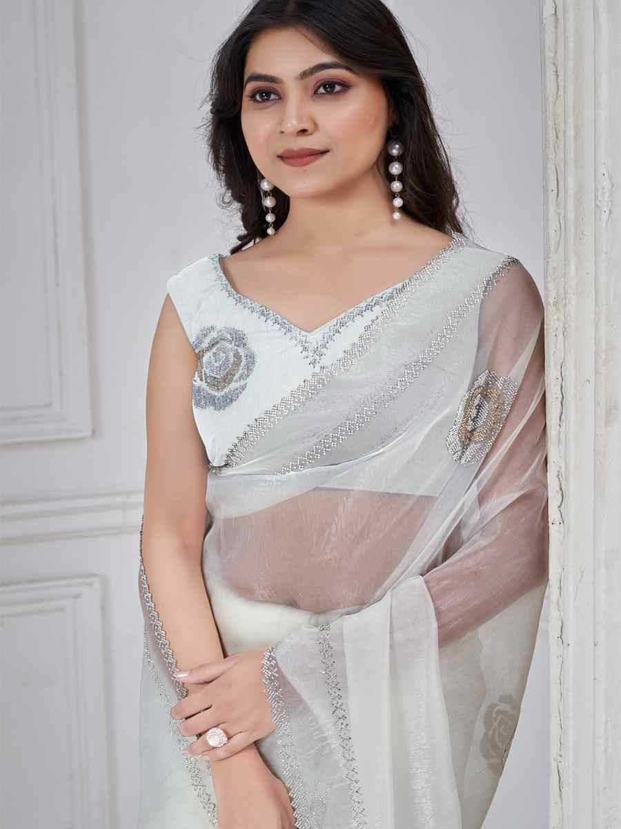 White Organza Embroidered Festival Wedding Fancy Casual Contemporary Saree