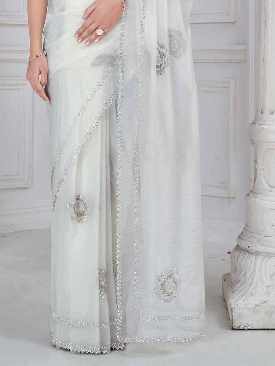 White Organza Embroidered Festival Wedding Fancy Casual Contemporary Saree
