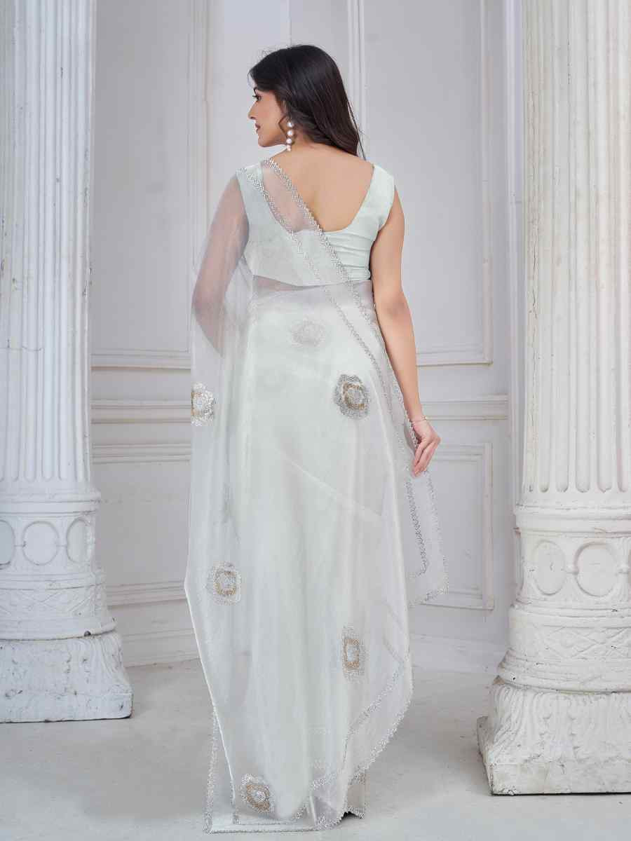 White Organza Embroidered Festival Wedding Fancy Casual Contemporary Saree