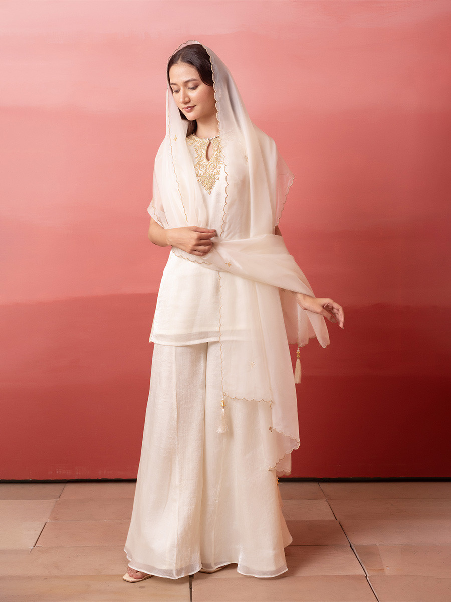 White Organza Embroidery Wedding Party Festival Casual Ready Palazzo Pant Salwar Kameez