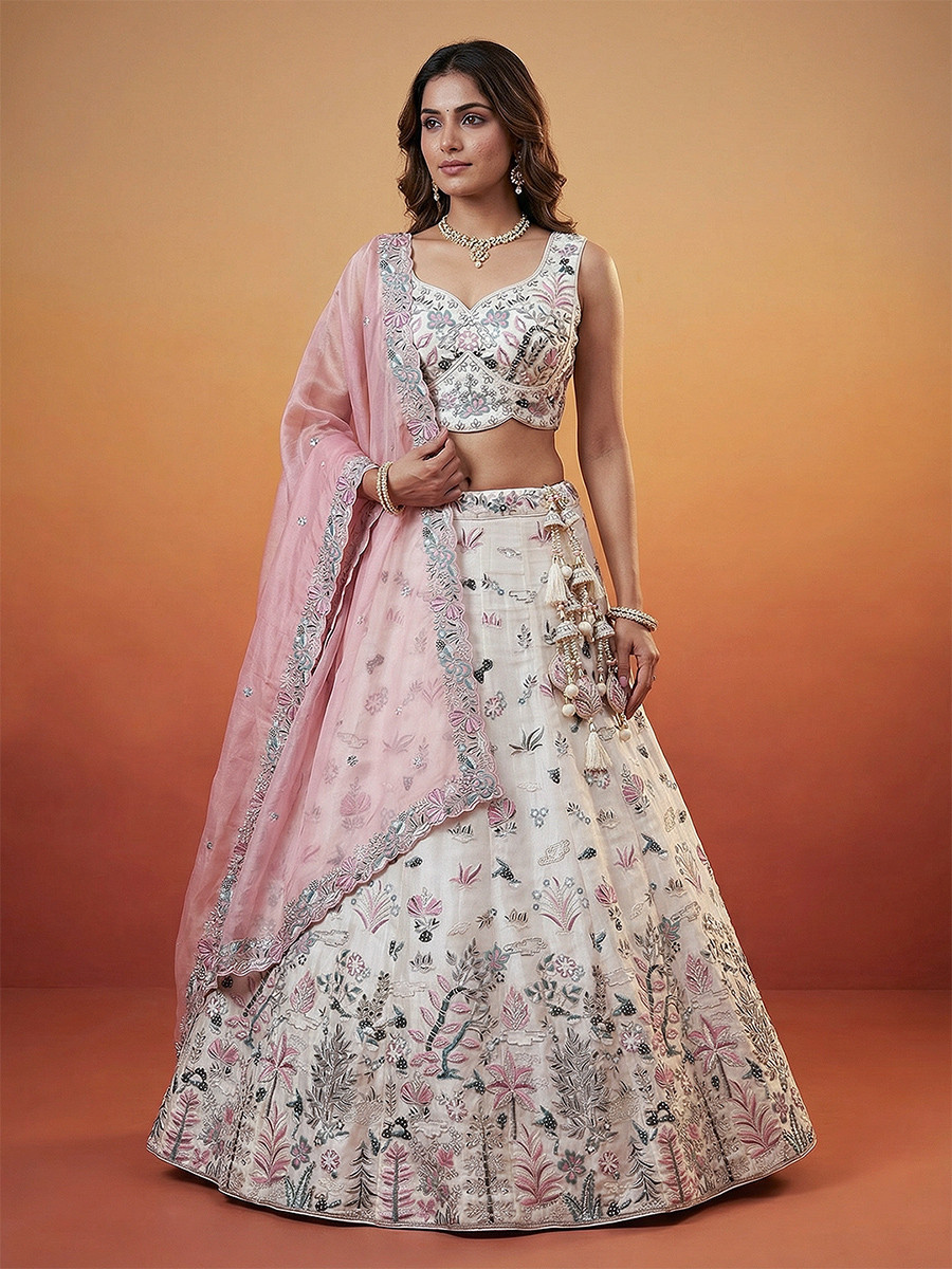 White Organza Embroidery Wedding Reception Party Festival Heavy Border Lehenga Choli