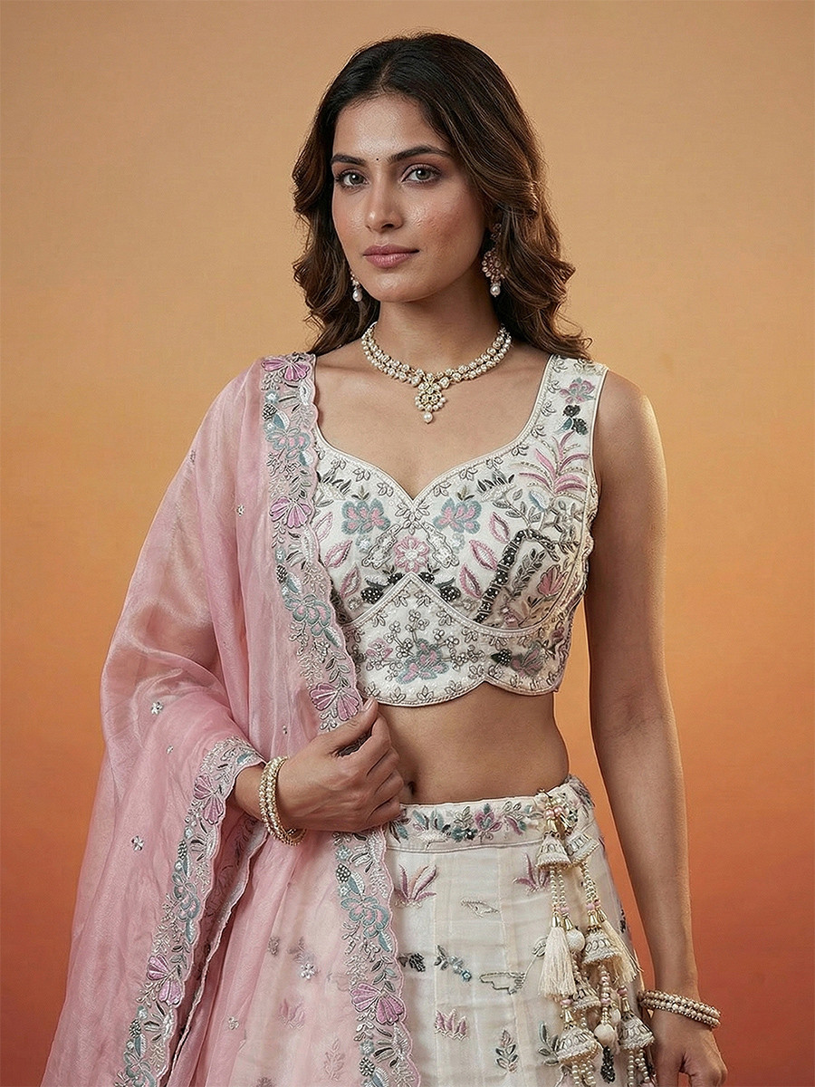 White Organza Embroidery Wedding Reception Party Festival Heavy Border Lehenga Choli