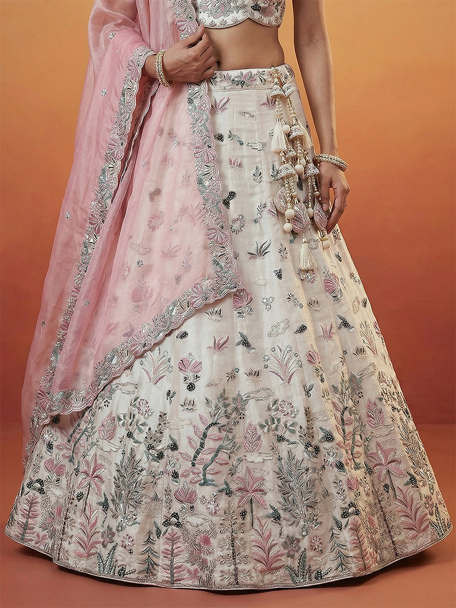 White Organza Embroidery Wedding Reception Party Festival Heavy Border Lehenga Choli