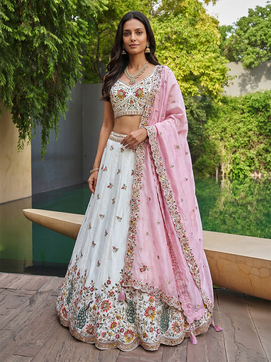 White Organza Embroidery Wedding Reception Party Festival Heavy Border Lehenga Choli