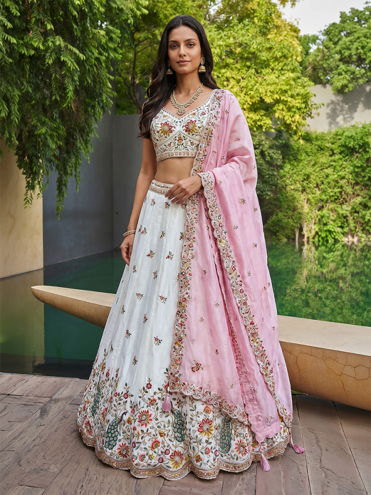 Image of White Organza Embroidery Wedding Reception Party Festival Heavy Border Lehenga Choli