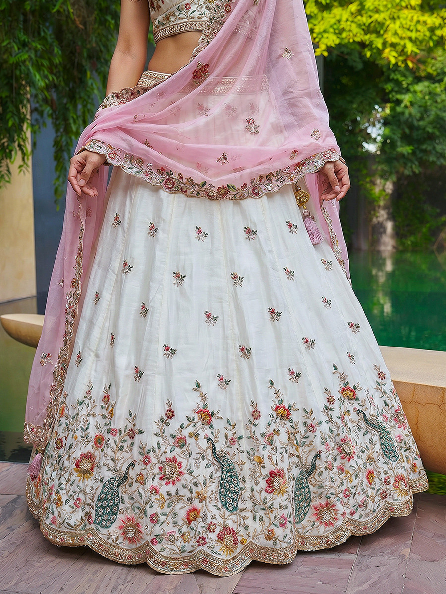 White Organza Embroidery Wedding Reception Party Festival Heavy Border Lehenga Choli