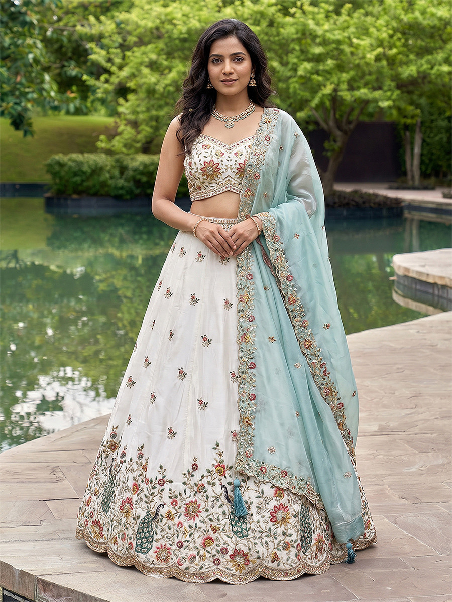 White Organza Embroidery Wedding Reception Party Festival Heavy Border Lehenga Choli