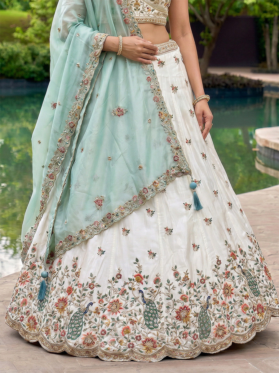 White Organza Embroidery Wedding Reception Party Festival Heavy Border Lehenga Choli