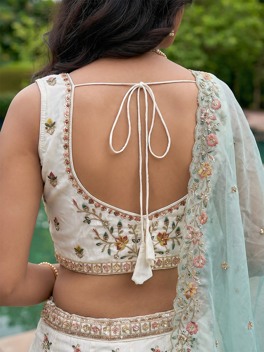 White Organza Embroidery Wedding Reception Party Festival Heavy Border Lehenga Choli
