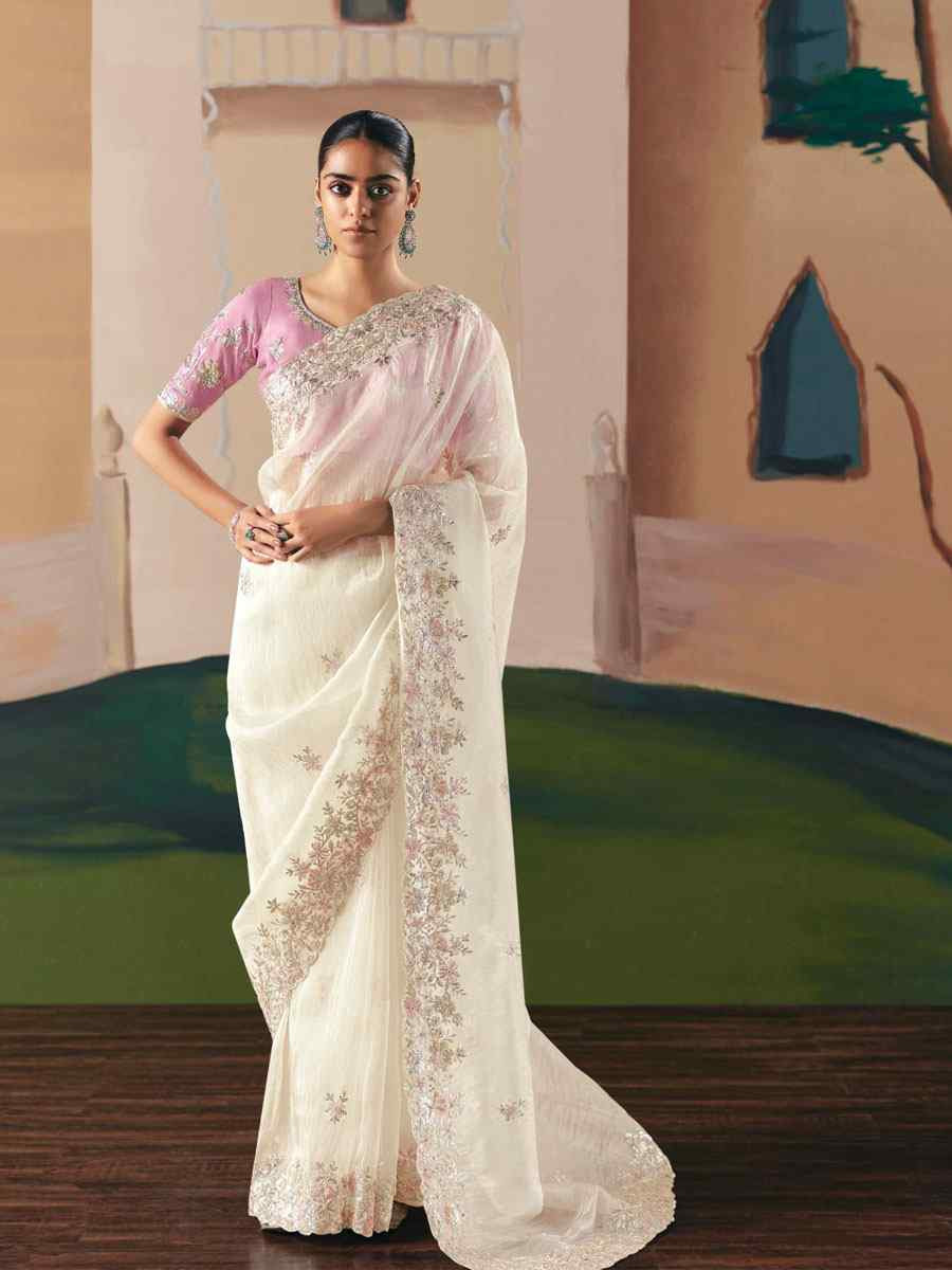 White Organza Embroidery Zari Bridal Reception Festival Wedding Fancy Heavy Border Saree