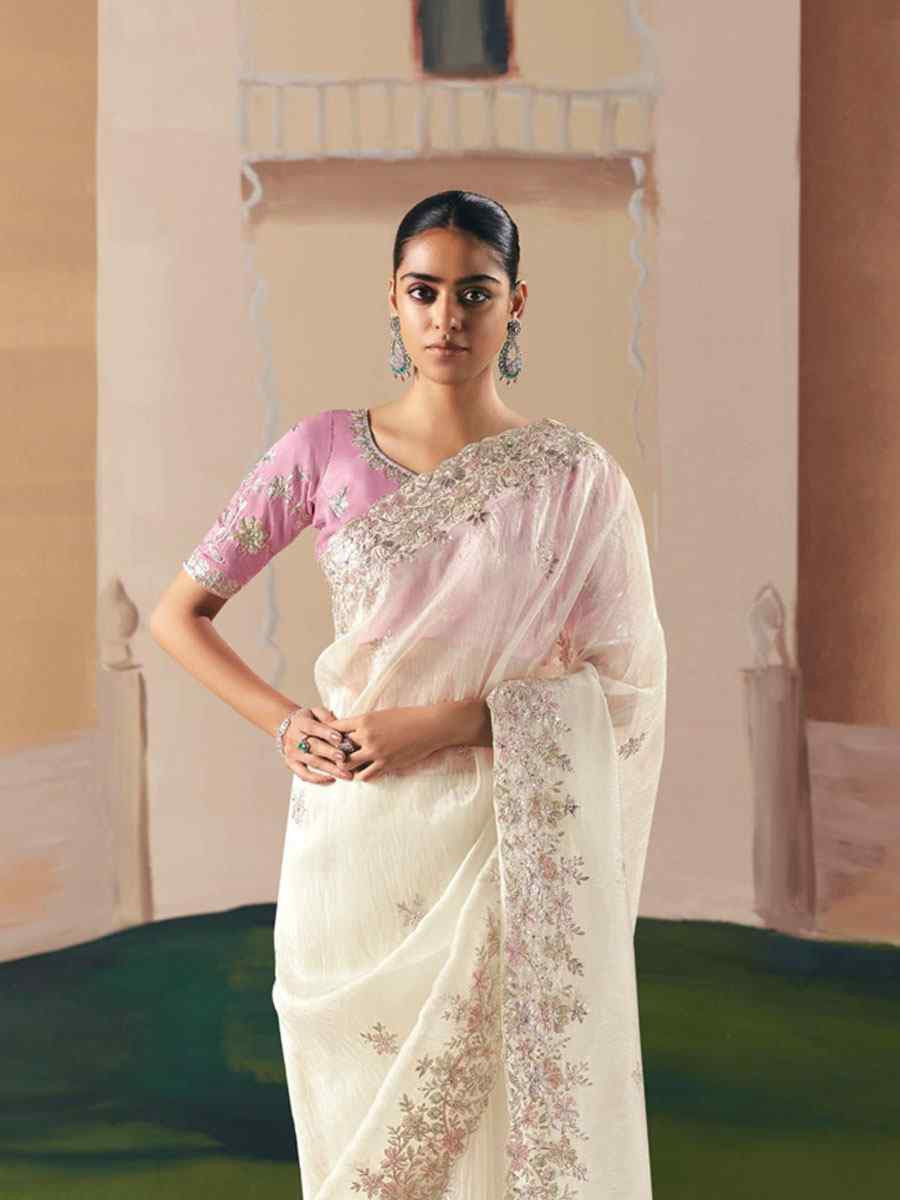 White Organza Embroidery Zari Bridal Reception Festival Wedding Fancy Heavy Border Saree