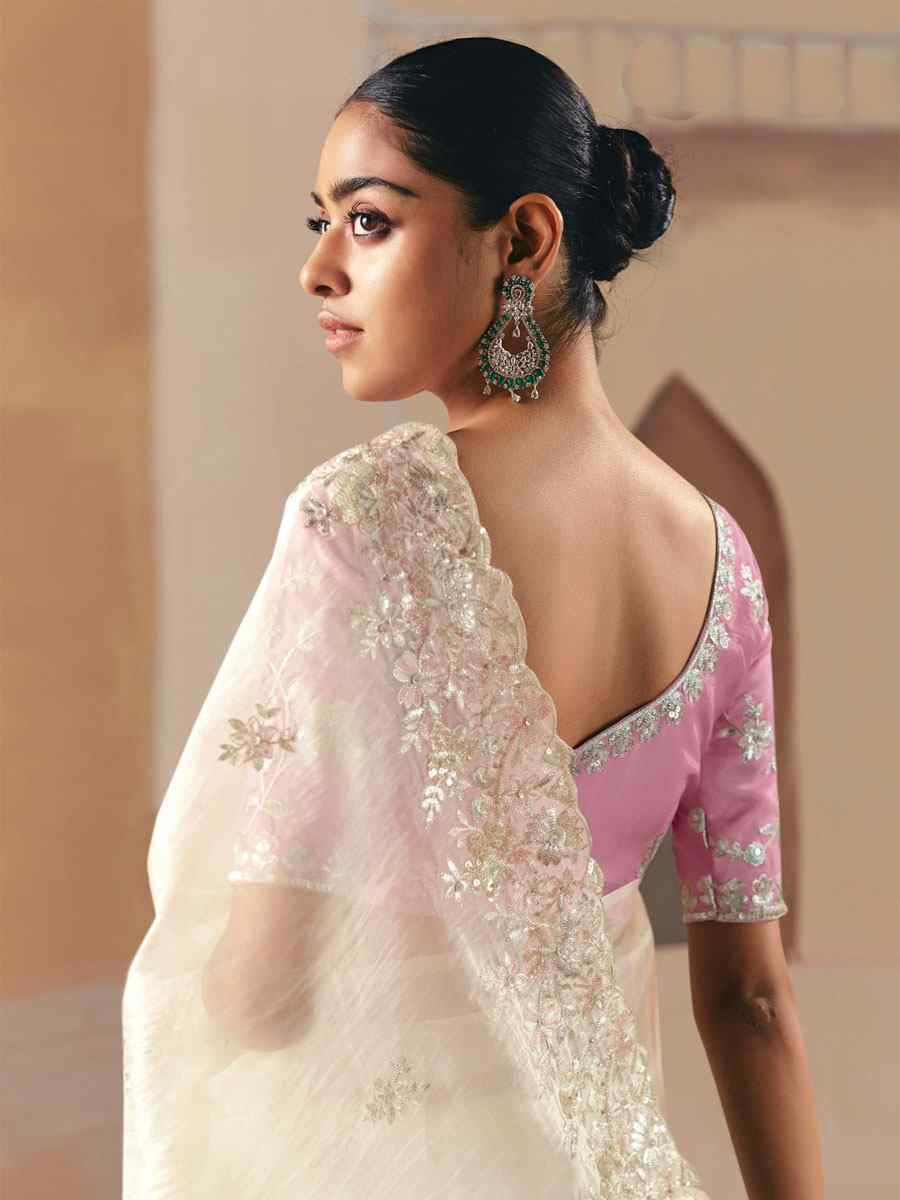 White Organza Embroidery Zari Bridal Reception Festival Wedding Fancy Heavy Border Saree