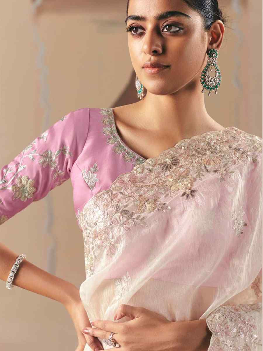 White Organza Embroidery Zari Bridal Reception Festival Wedding Fancy Heavy Border Saree