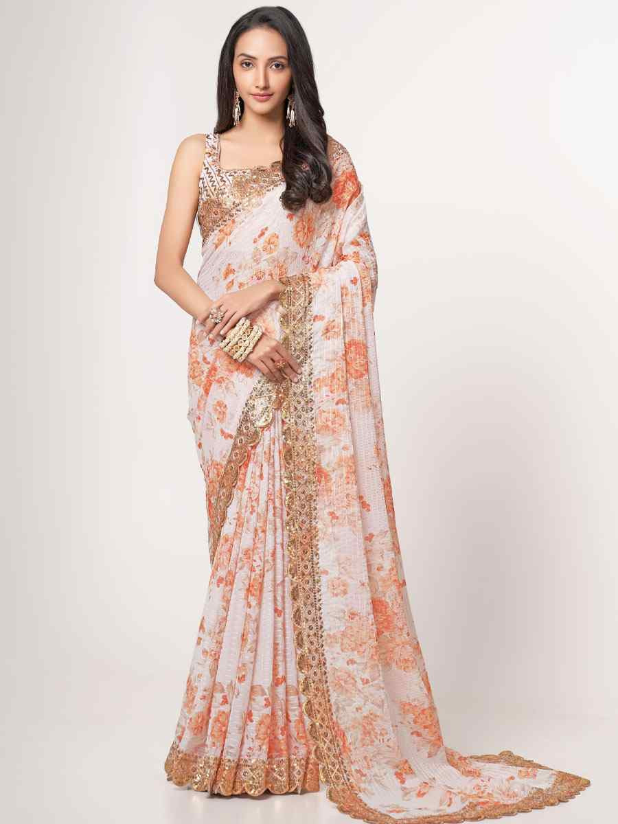 White Organza Printed Embroidery Festival Wedding Fancy Heavy Border Saree