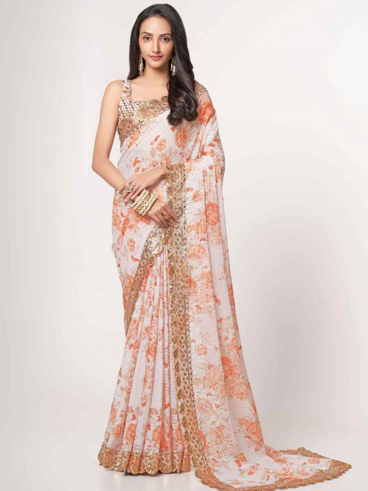 Image of White Organza Printed Embroidery Festival Wedding Fancy Heavy Border Saree