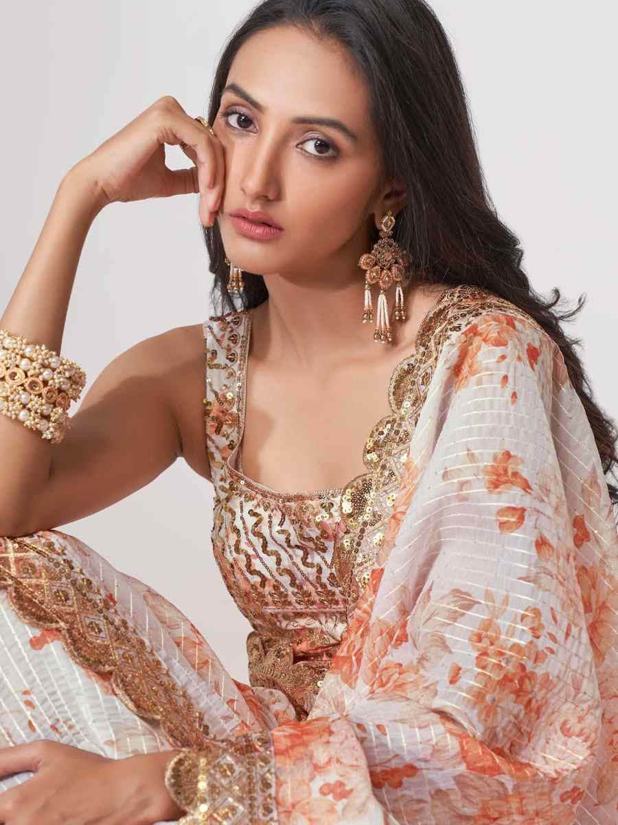 White Organza Printed Embroidery Festival Wedding Fancy Heavy Border Saree