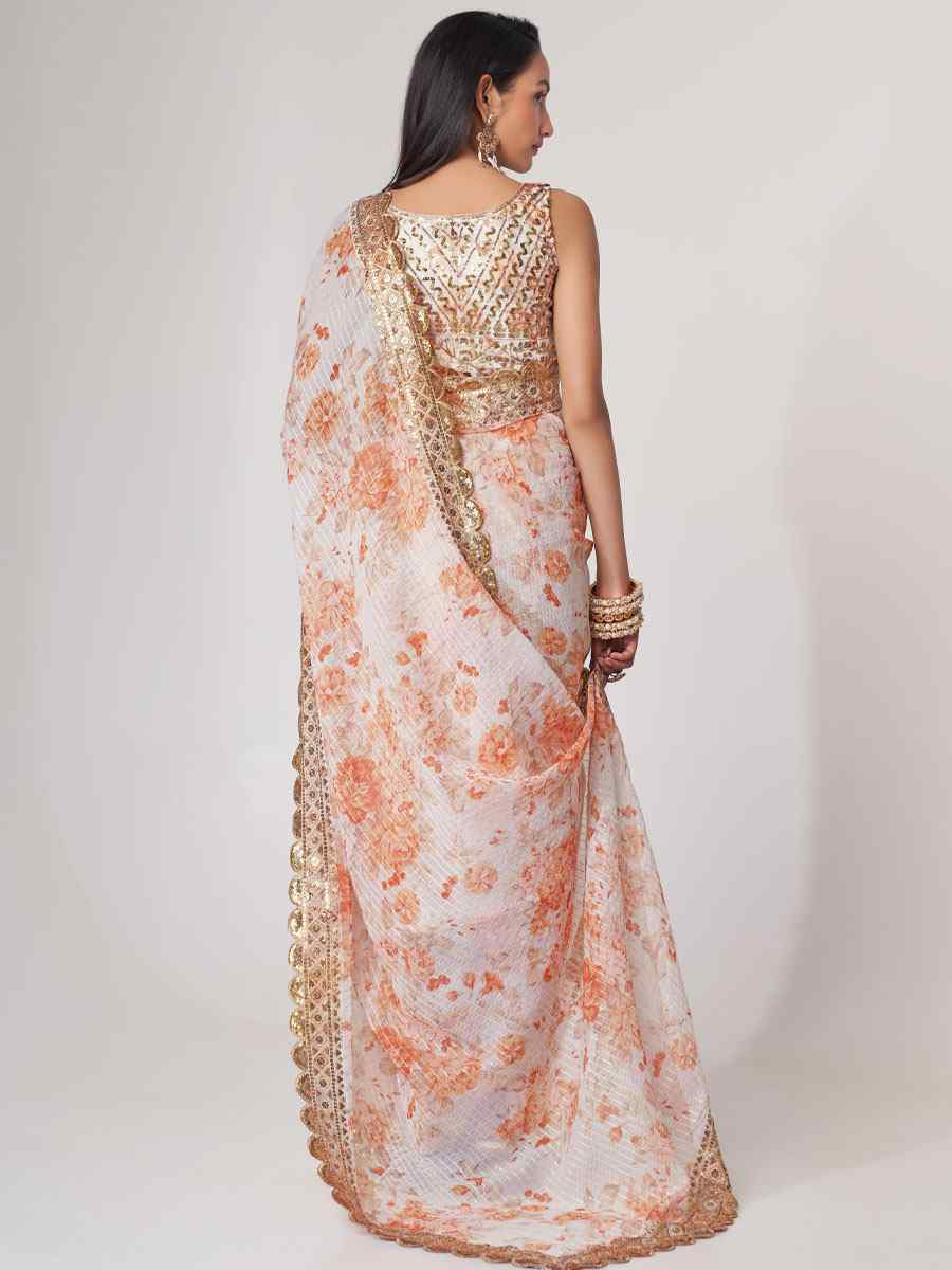 White Organza Printed Embroidery Festival Wedding Fancy Heavy Border Saree