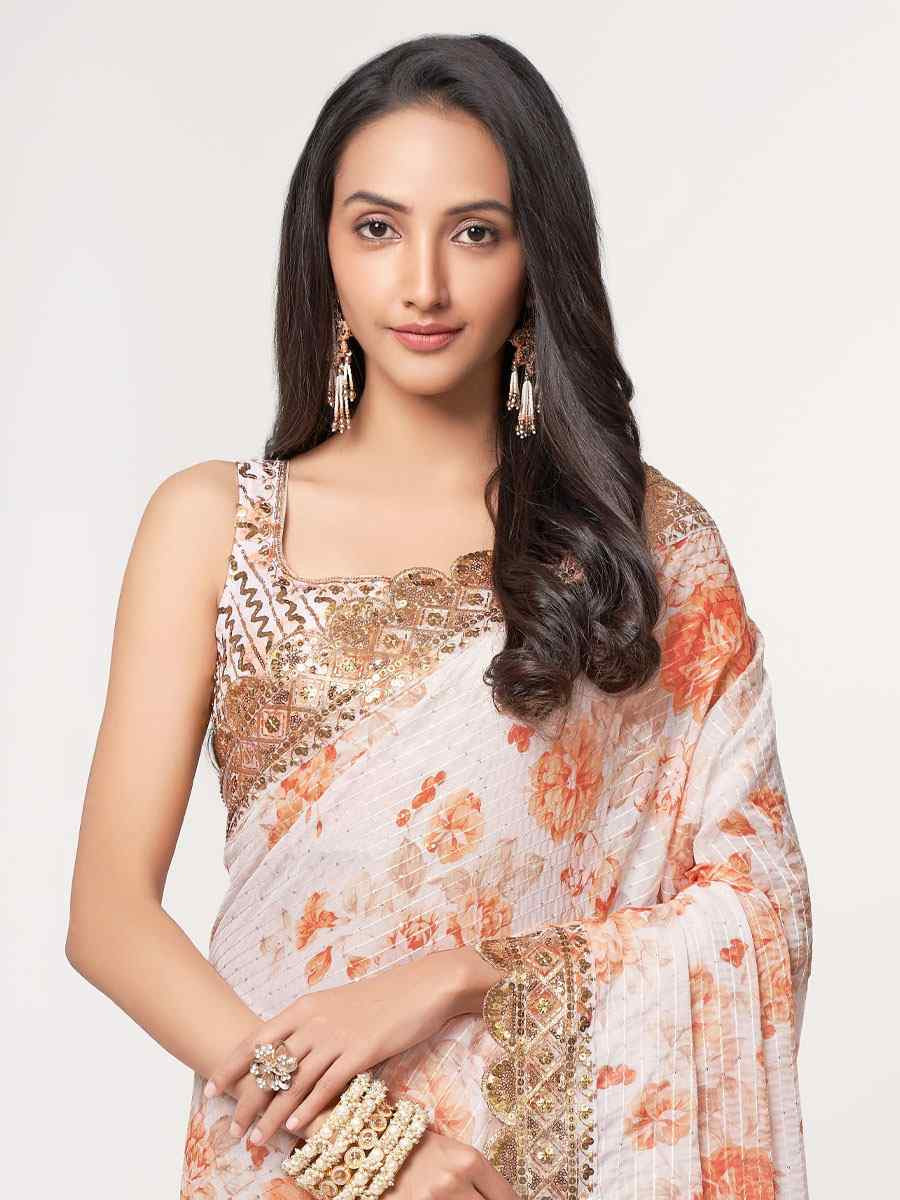 White Organza Printed Embroidery Festival Wedding Fancy Heavy Border Saree