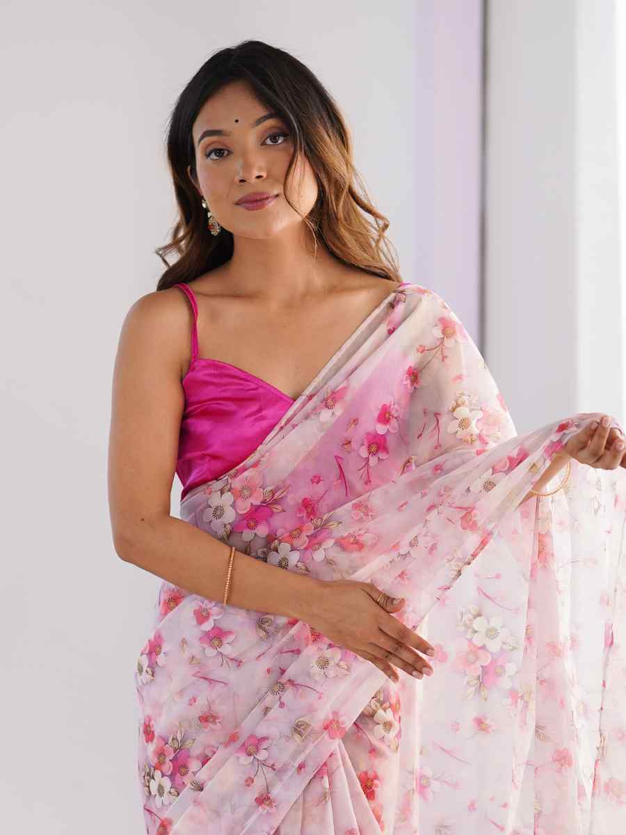 White Organza Printed Festival Wedding Fancy Heavy Border Saree