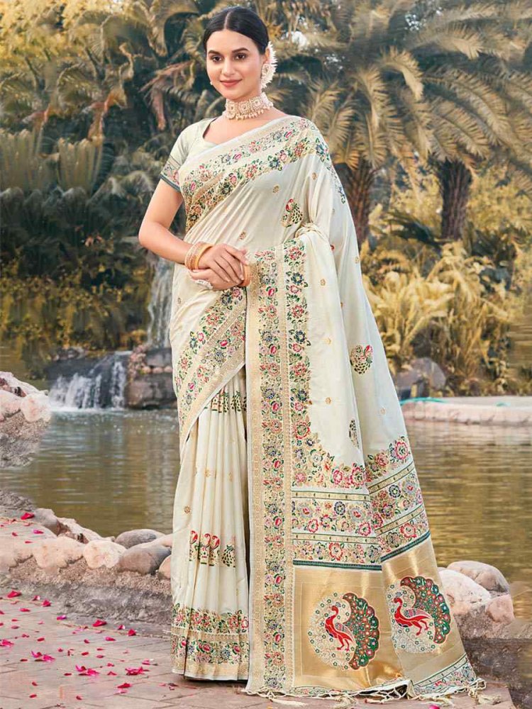 White Paithani Silk Handwoven Wedding Festival Heavy Border Saree