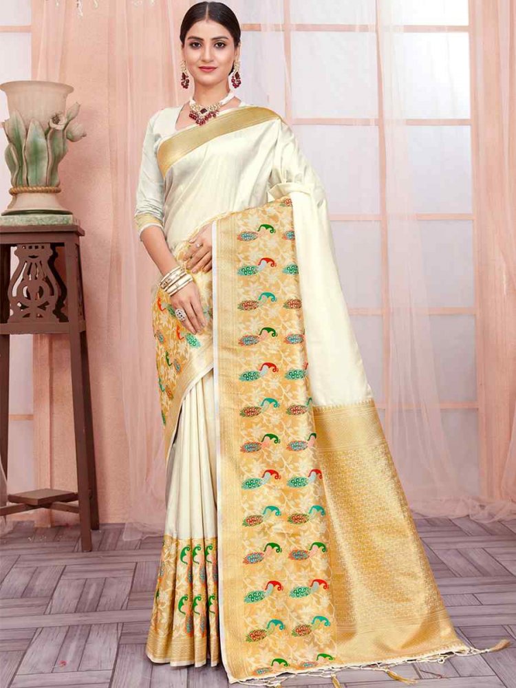 White Paithani Silk Handwoven Wedding Festival Heavy Border Saree