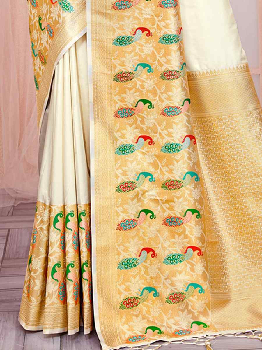 White Paithani Silk Handwoven Wedding Festival Heavy Border Saree