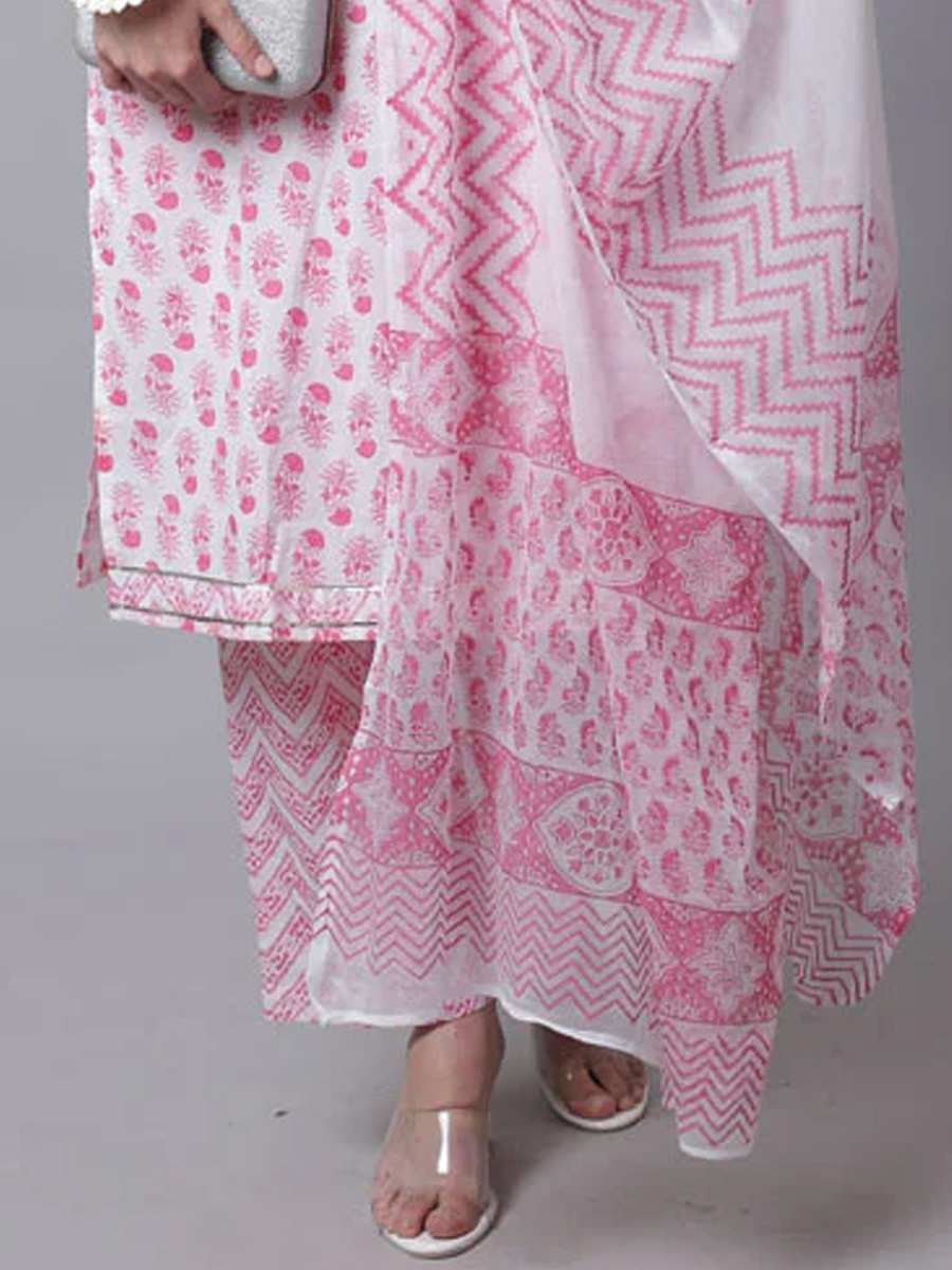 White Pink Cotton Printed Casual Festival Ready Pant Salwar Kameez