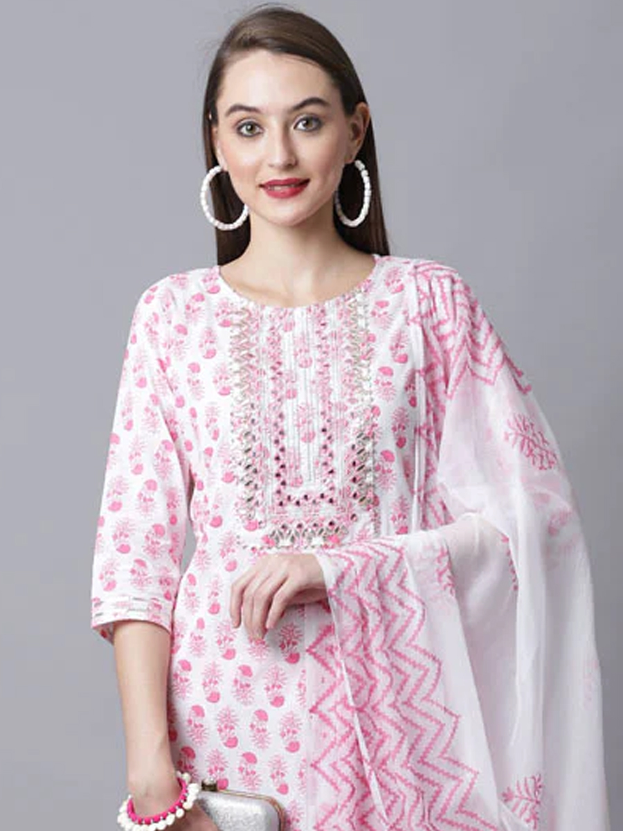 White Pink Cotton Printed Casual Festival Ready Pant Salwar Kameez
