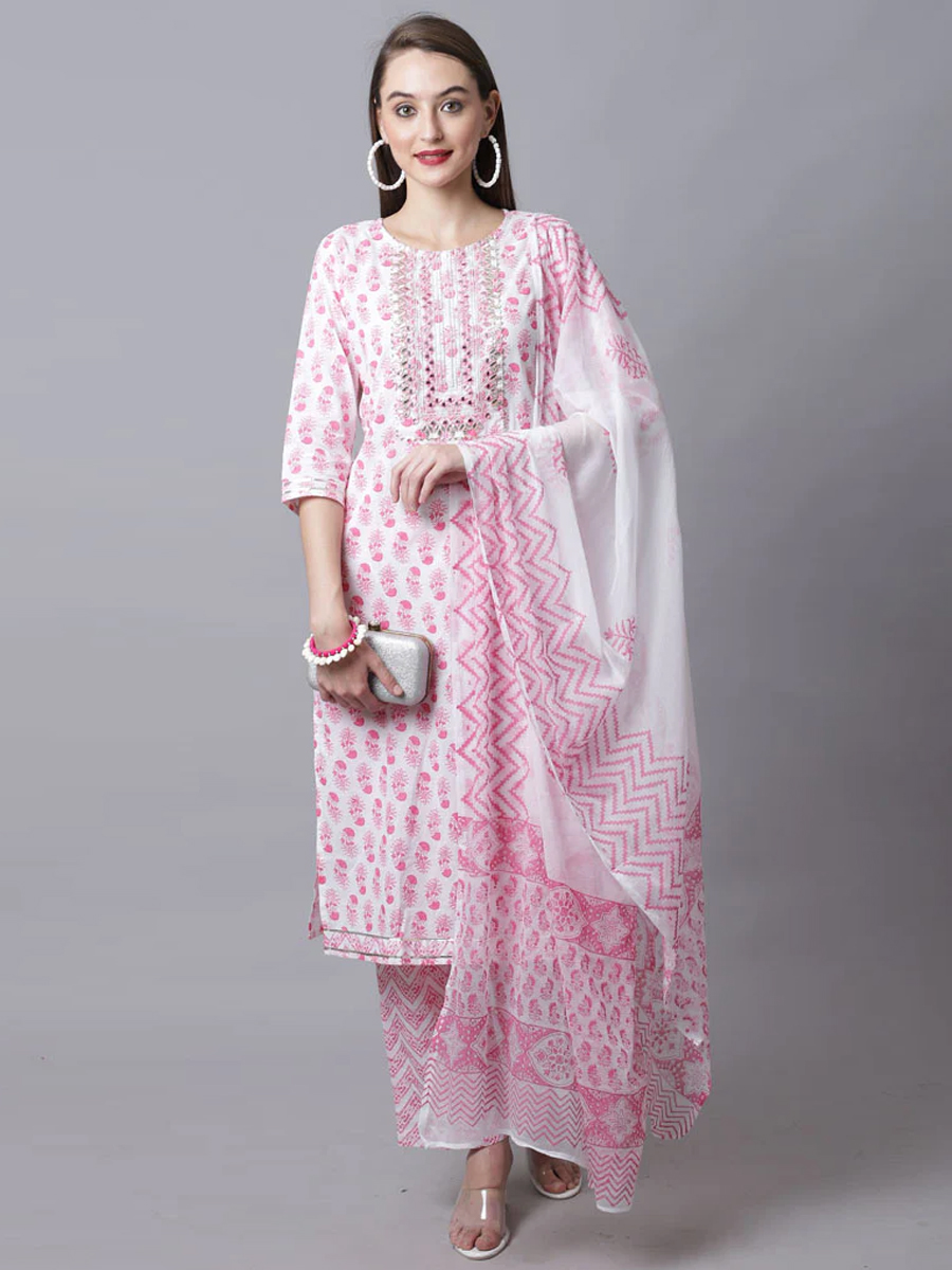 White Pink Cotton Printed Casual Festival Ready Pant Salwar Kameez