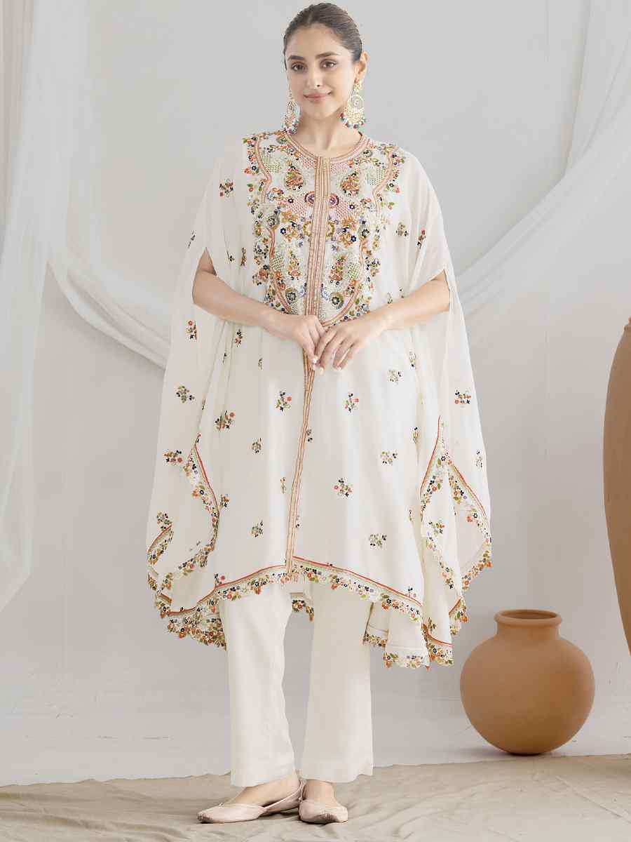 White Premium Chinon Embroidered Festival Wedding Party Kurti Bottom Women Wear