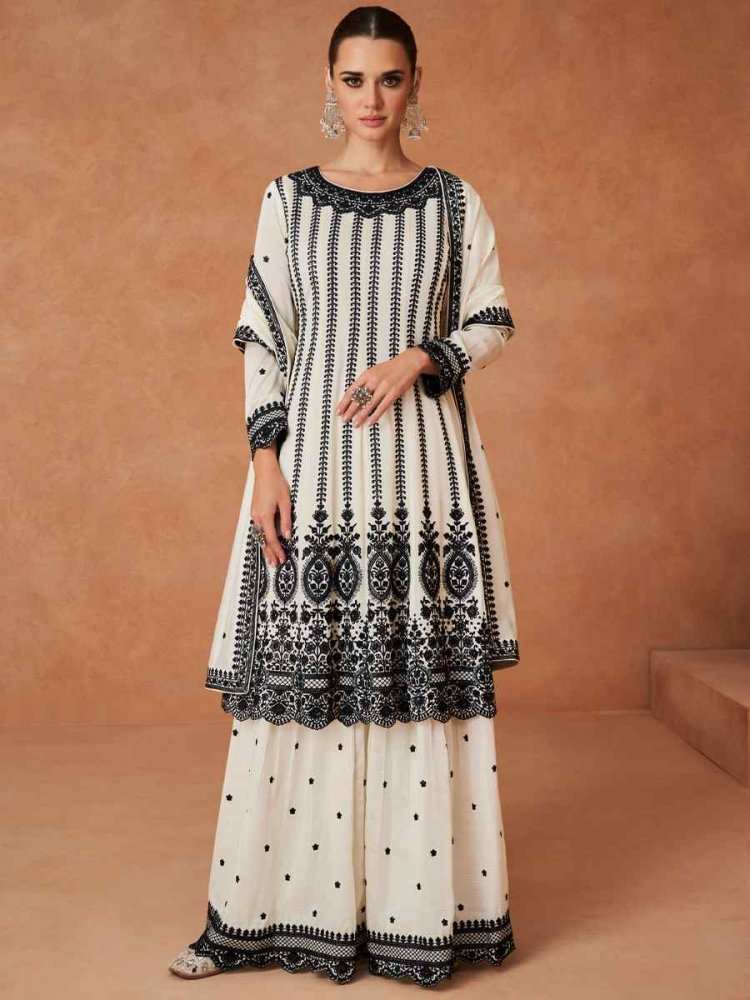 White Premium Silk Embroidered Festival Wedding Palazzo Pant Salwar Kameez