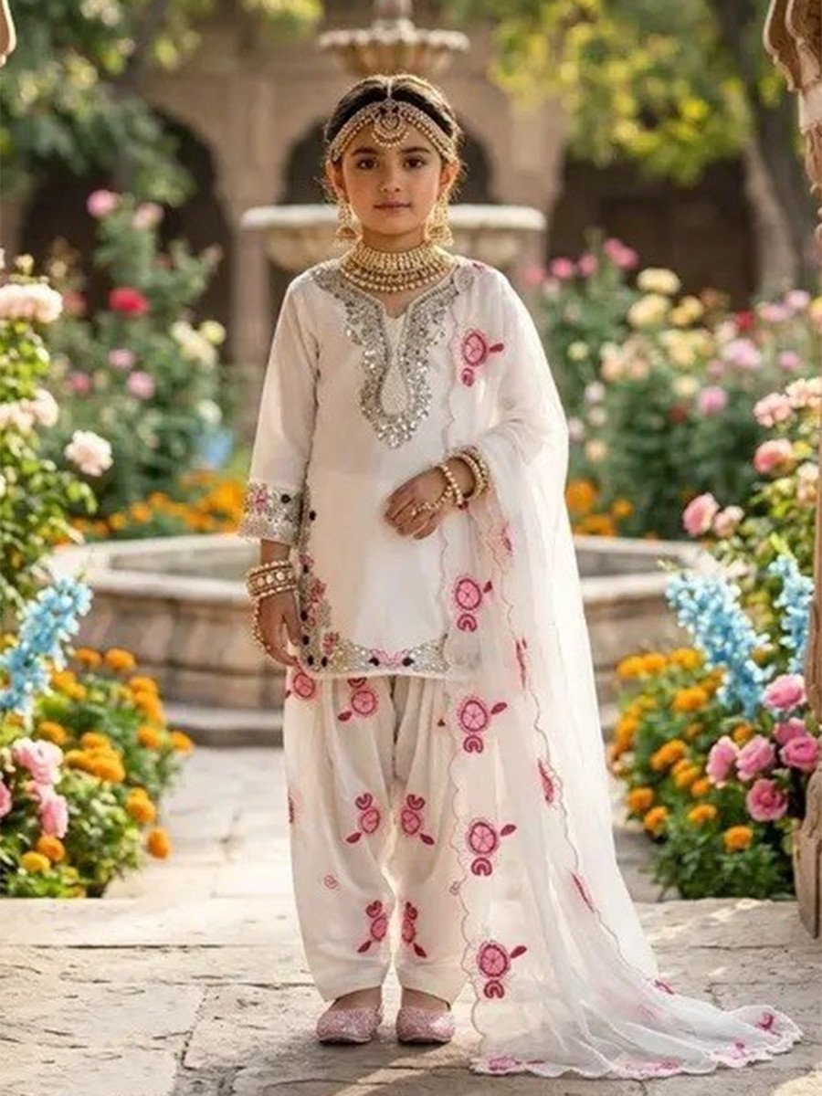 White Premium Silk Embroidered Sequins Ethnic Casual Festival Party Wedding  Salwars Girls Wear