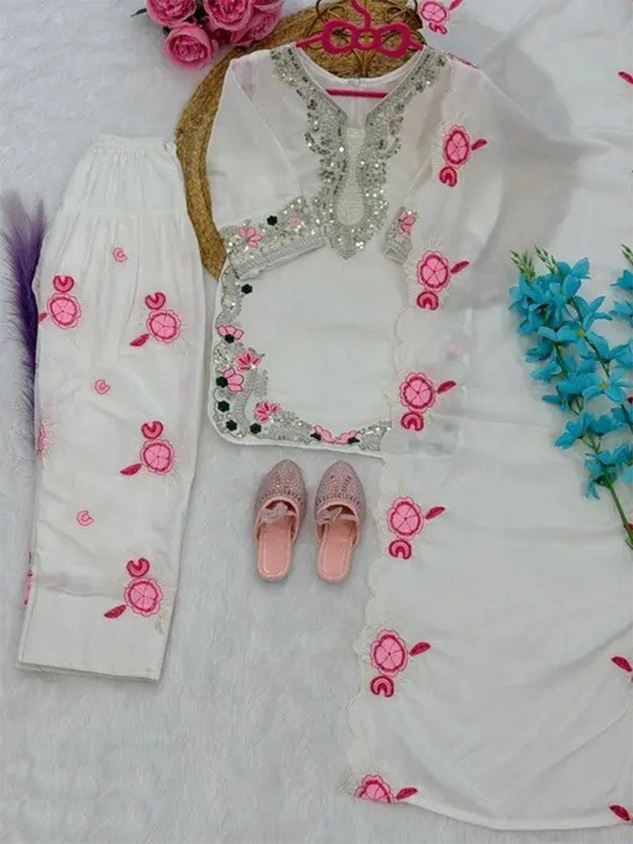 White Premium Silk Embroidered Sequins Ethnic Casual Festival Party Wedding  Salwars Girls Wear