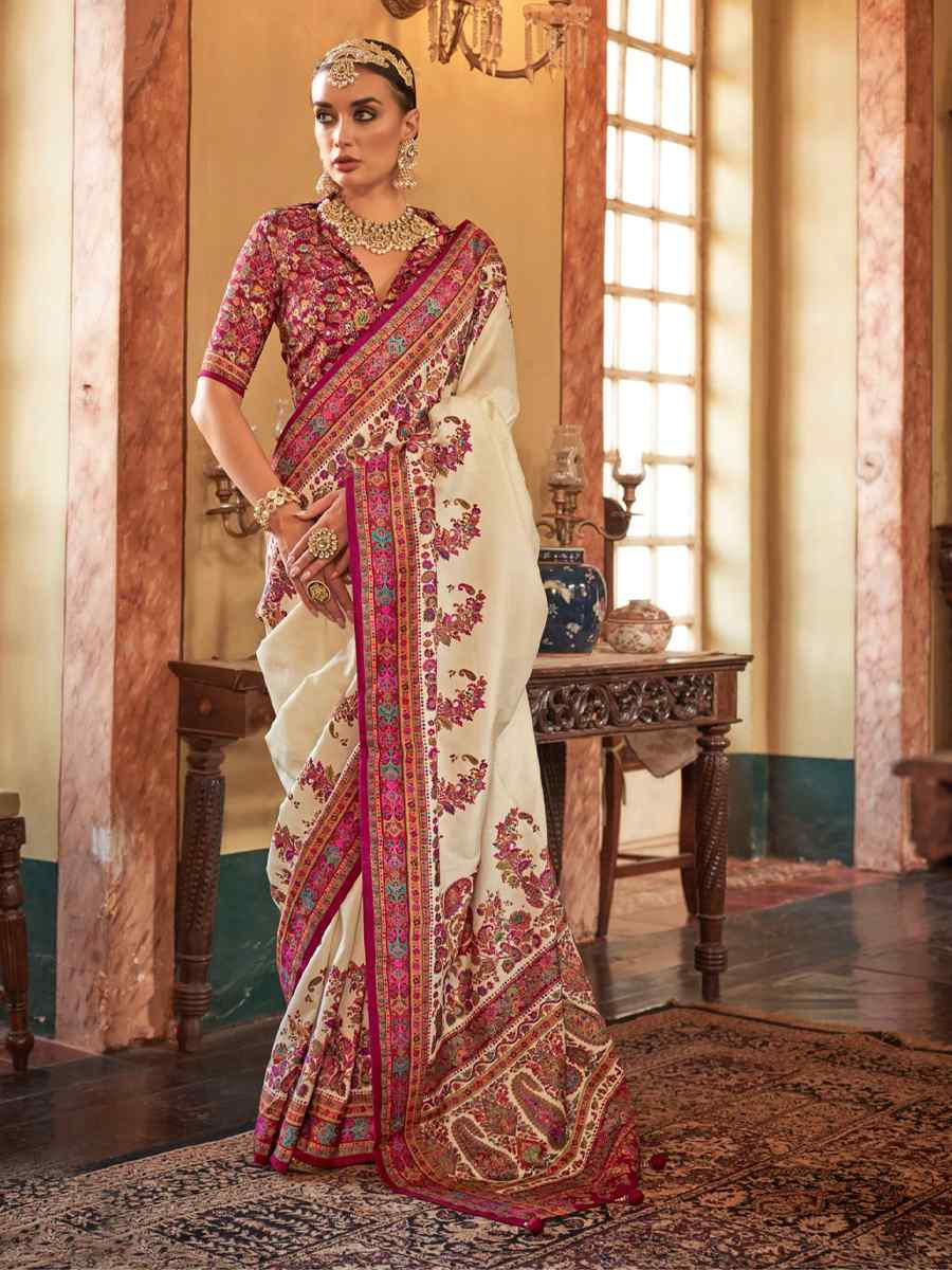 White Printed Festival Wedding Fancy Heavy Border Saree