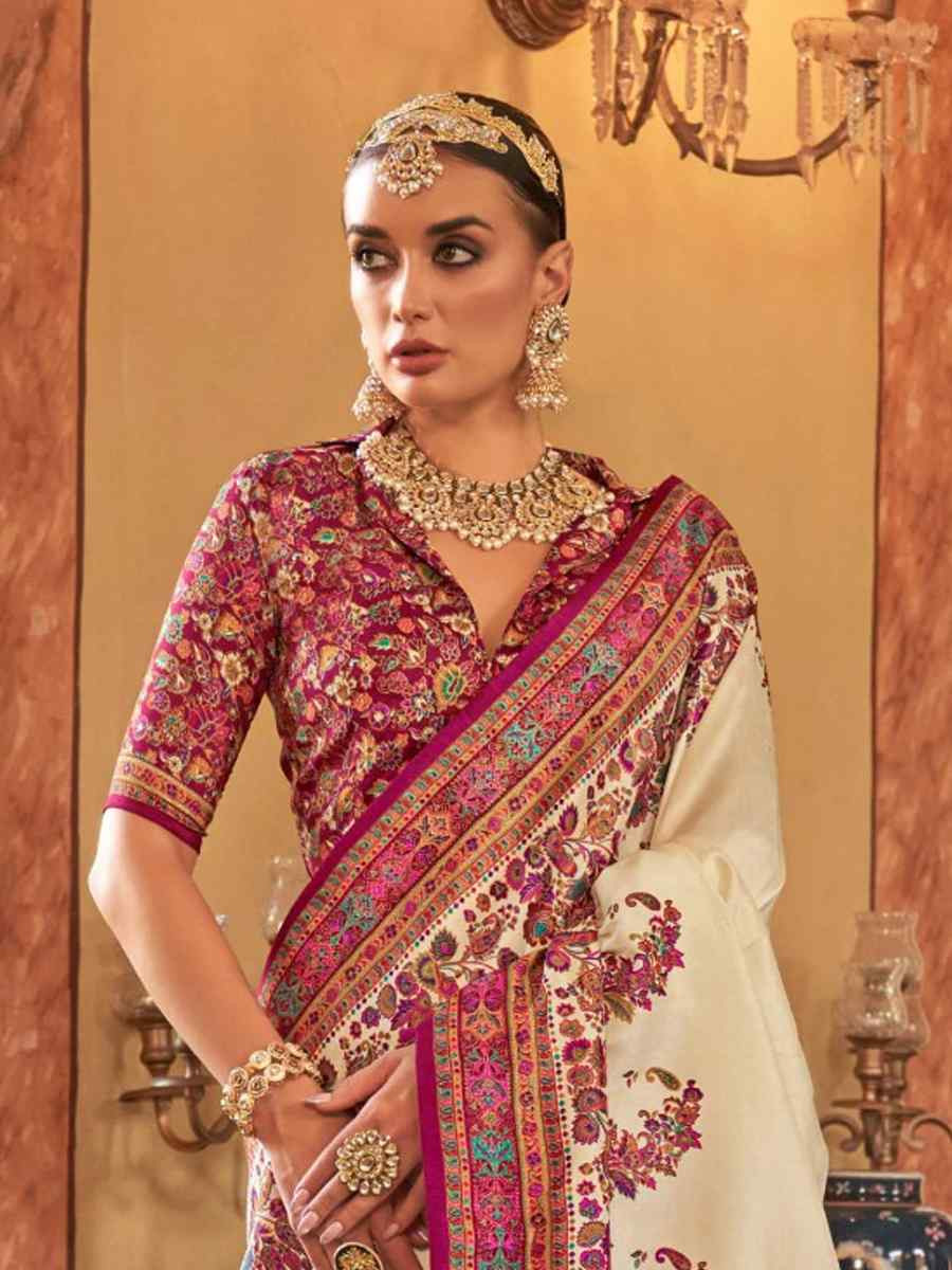 White Printed Festival Wedding Fancy Heavy Border Saree