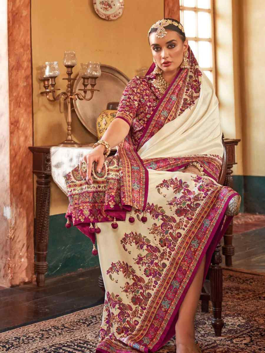 White Printed Festival Wedding Fancy Heavy Border Saree