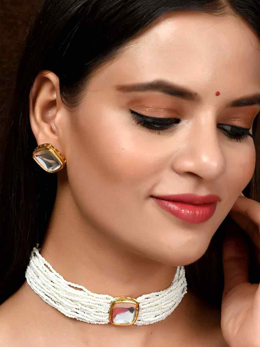 White Pure Brass Wedding Wear Kundan Necklace