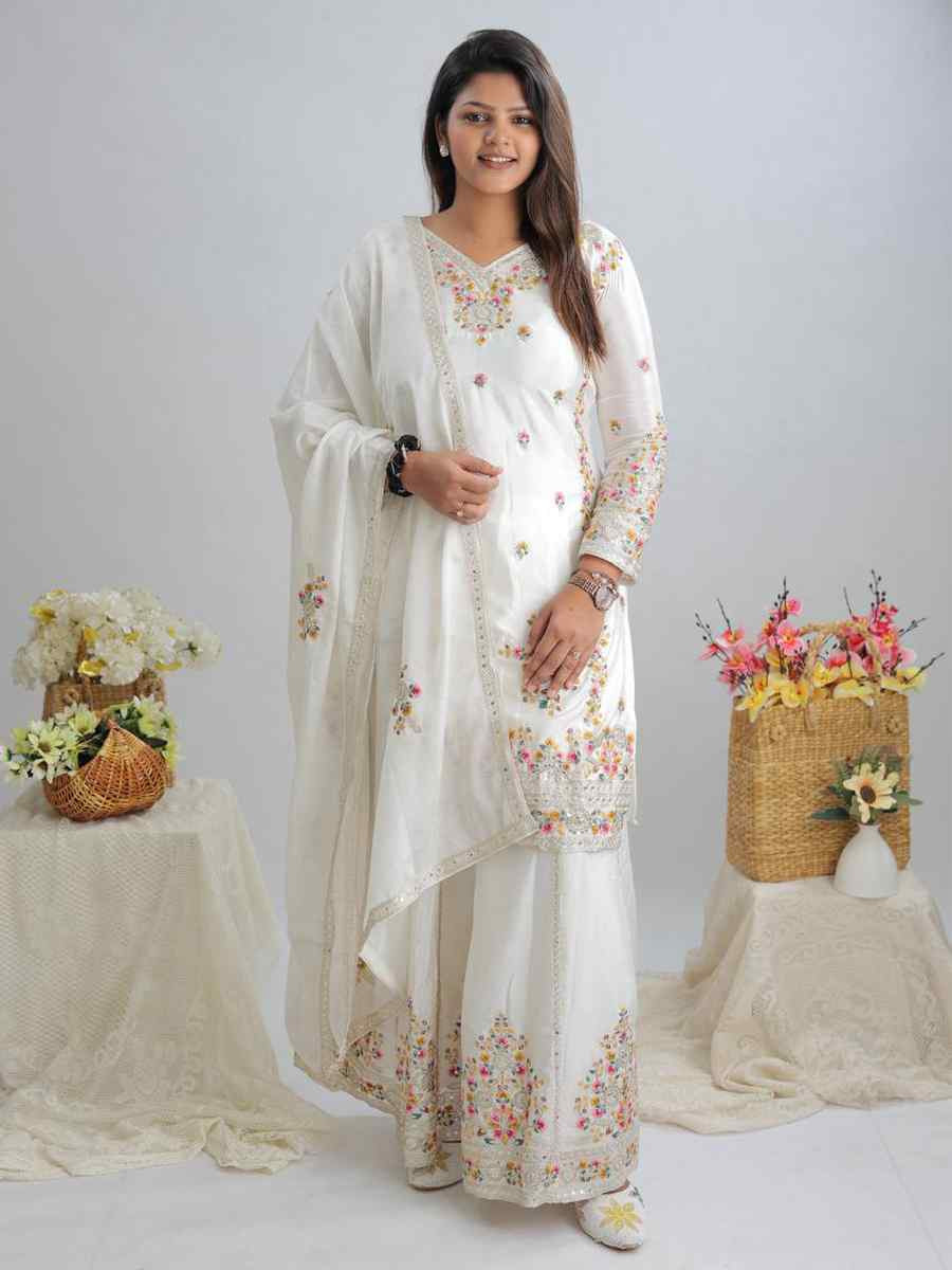 White Pure Chinon Silk Embroidered Festival Casual Ready Palazzo Pant Salwar Kameez