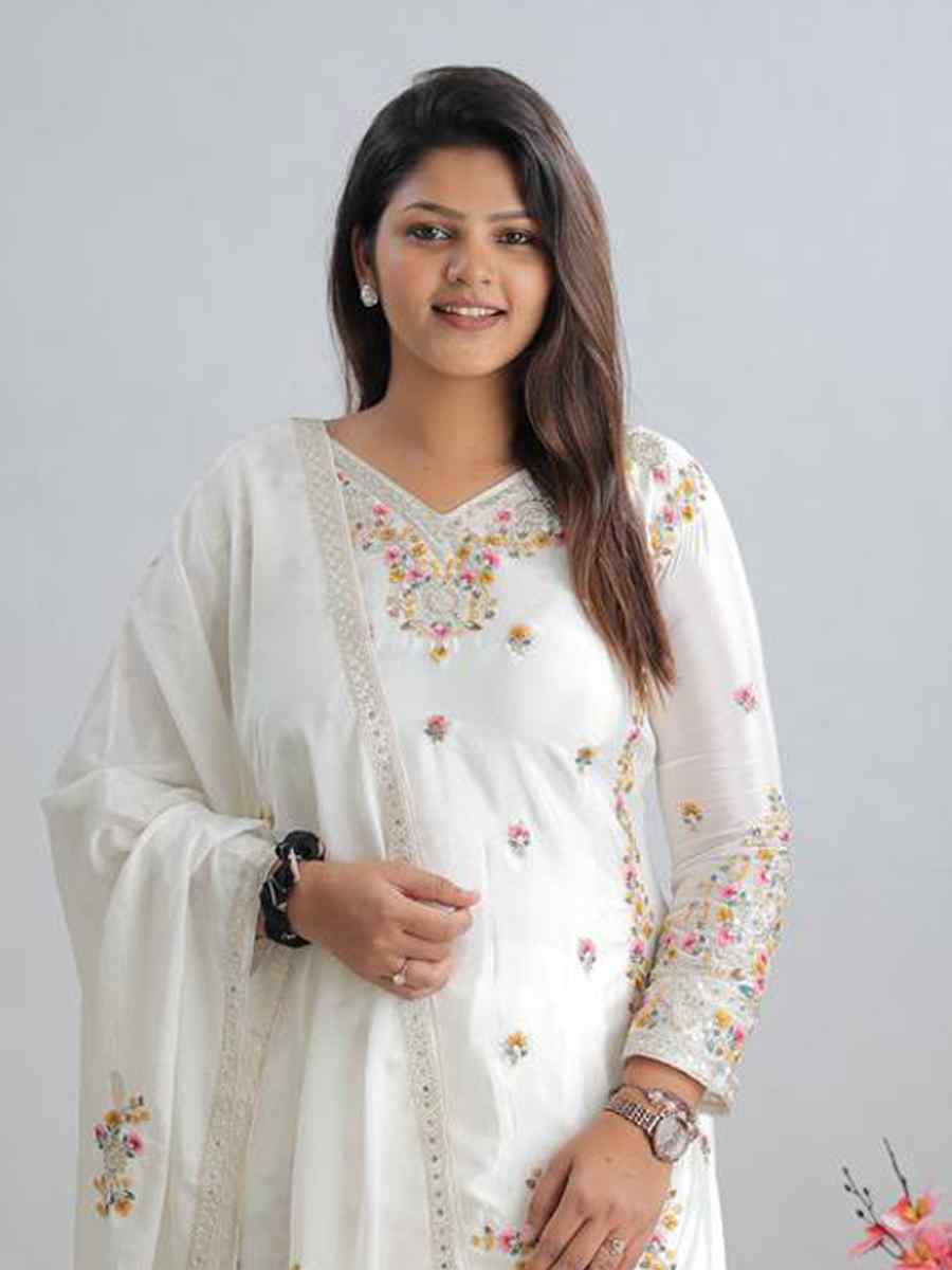 White Pure Chinon Silk Embroidered Festival Casual Ready Palazzo Pant Salwar Kameez