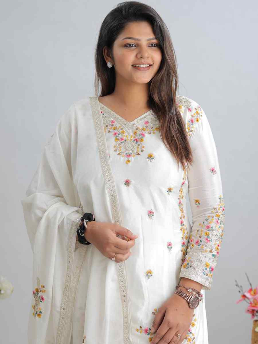 White Pure Chinon Silk Embroidered Festival Casual Ready Palazzo Pant Salwar Kameez