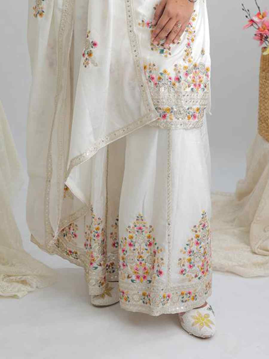 White Pure Chinon Silk Embroidered Festival Casual Ready Palazzo Pant Salwar Kameez