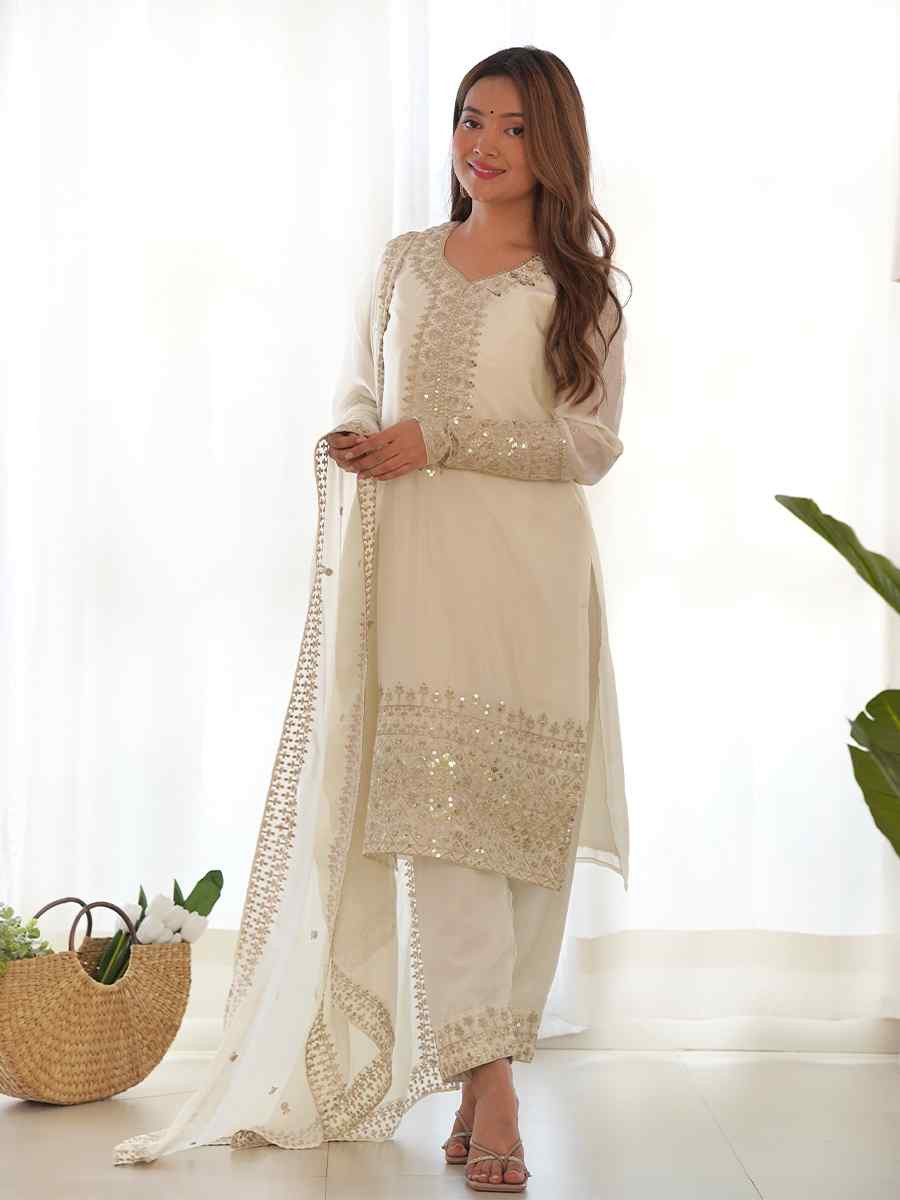 White Pure Chinon Silk Embroidered Mehendi Wedding Ready Palazzo pant Salwar Kameez