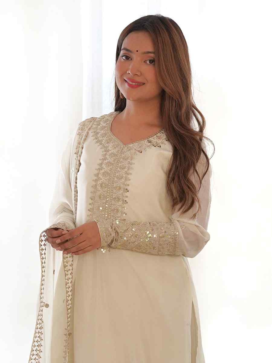 White Pure Chinon Silk Embroidered Mehendi Wedding Ready Palazzo pant Salwar Kameez