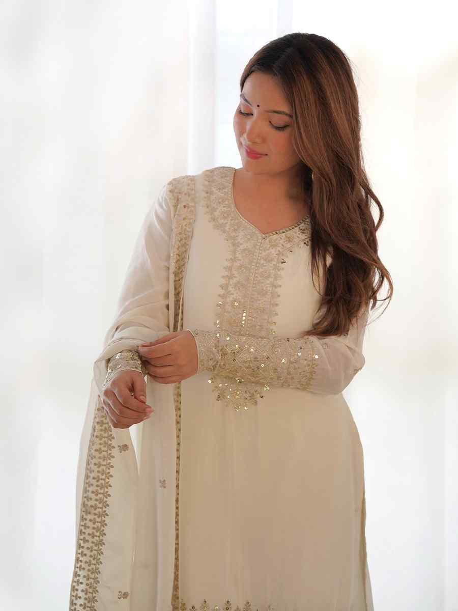 White Pure Chinon Silk Embroidered Mehendi Wedding Ready Palazzo pant Salwar Kameez
