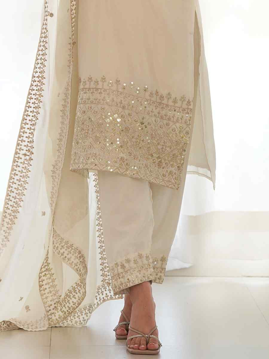 White Pure Chinon Silk Embroidered Mehendi Wedding Ready Palazzo pant Salwar Kameez