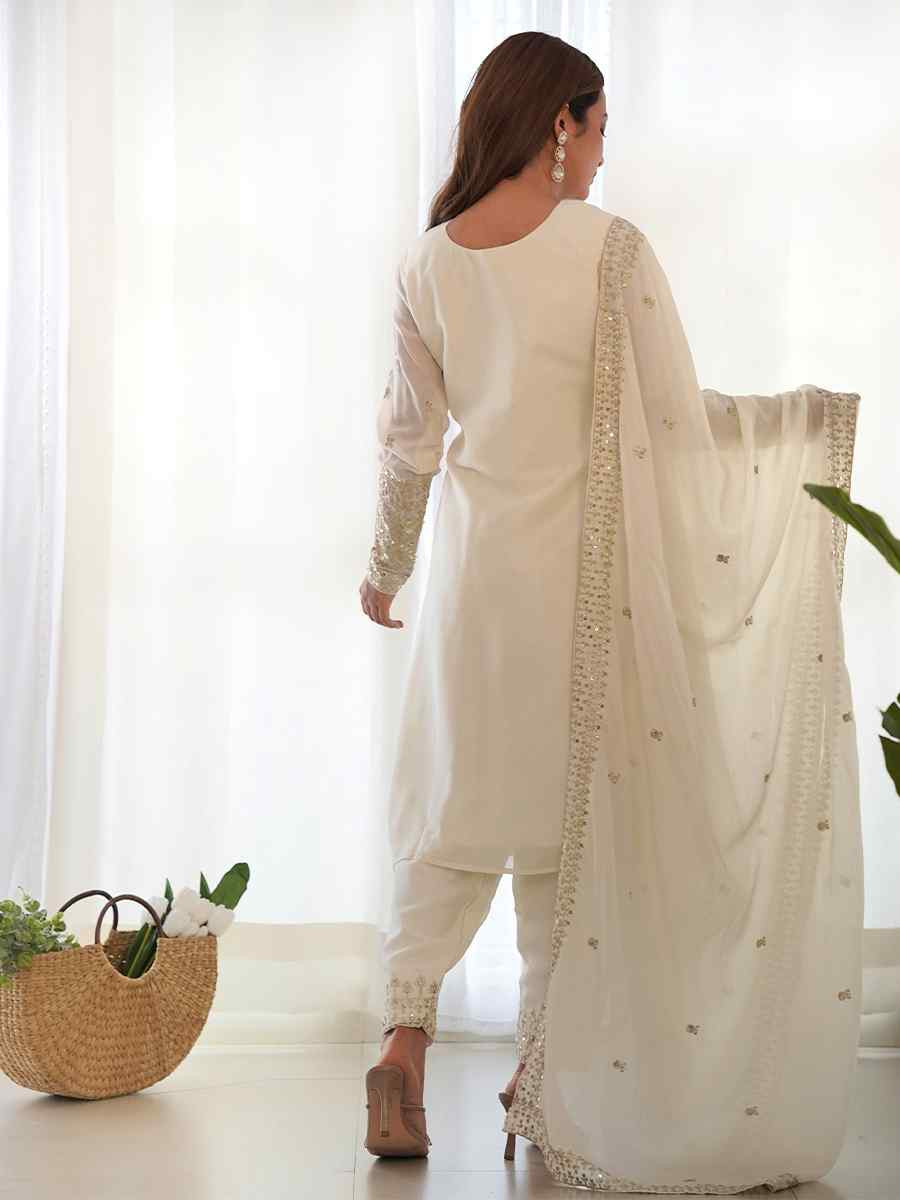 White Pure Chinon Silk Embroidered Mehendi Wedding Ready Palazzo pant Salwar Kameez