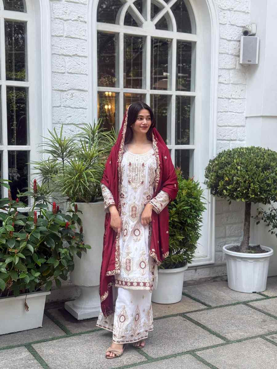 White Pure Chinon Silk Embroidery Party Wedding Festival Casual Ready Palazzo Pant Salwar Kameez