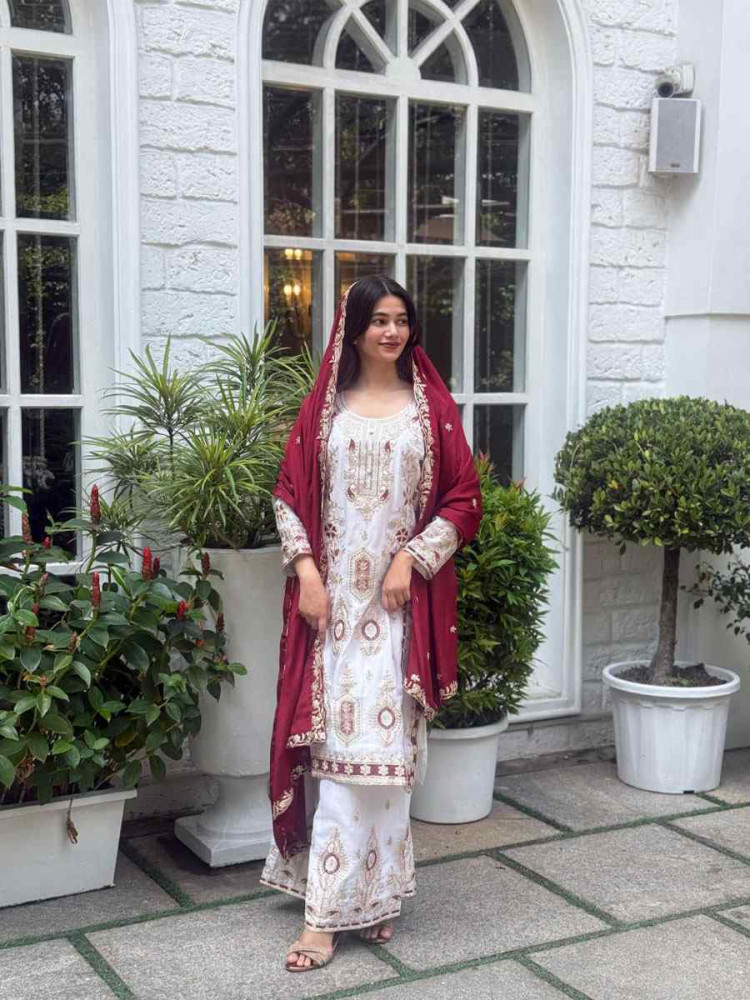 Image of White Pure Chinon Silk Embroidery Party Wedding Festival Casual Ready Palazzo Pant Salwar Kameez