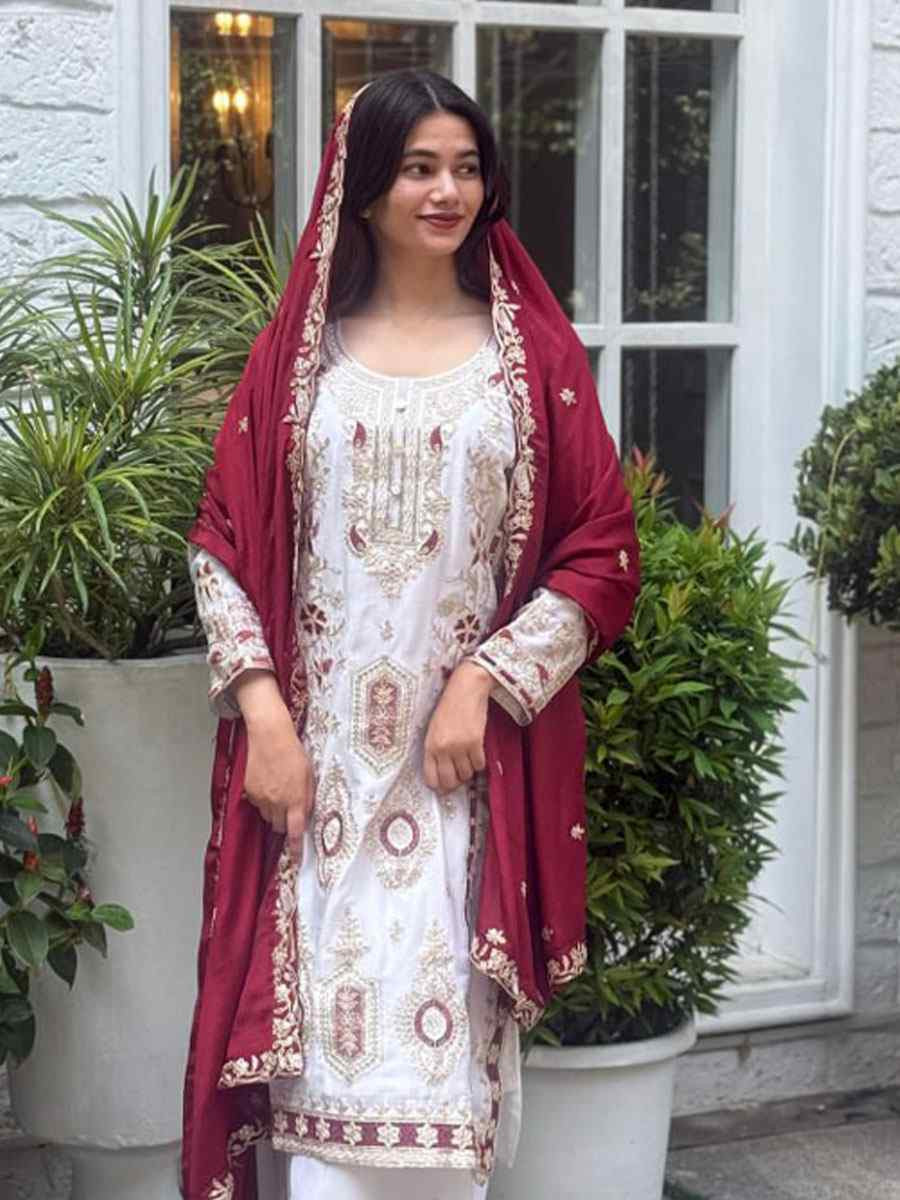 White Pure Chinon Silk Embroidery Party Wedding Festival Casual Ready Palazzo Pant Salwar Kameez