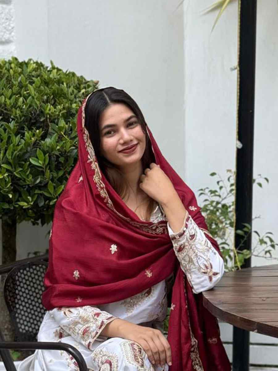 White Pure Chinon Silk Embroidery Party Wedding Festival Casual Ready Palazzo Pant Salwar Kameez